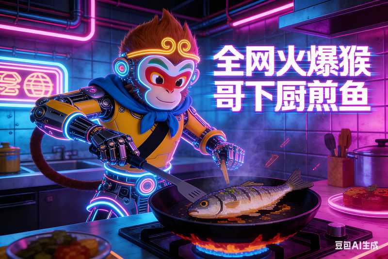 全网火爆猴哥下厨煎鱼-星舰联盟AIGC